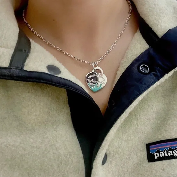 Tiffany&Co. Blue Splash Enamel Heart Pendent Necklace 16 in Thick Chain Silver - Picture 7 of 7